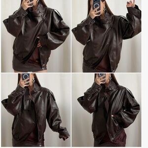 Classic Women's Dark Brown Leather Jacket with High Collar